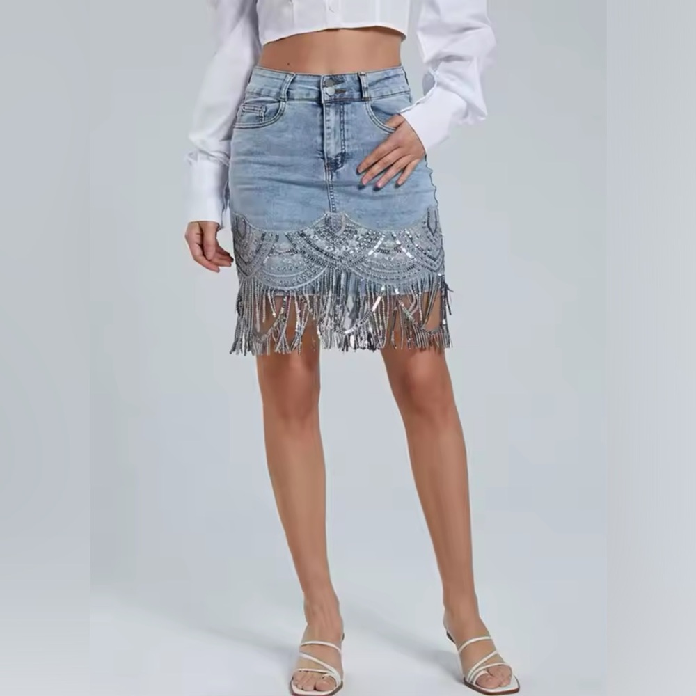 WOMENS SEQUIN FRINGED DENIM SKIRT